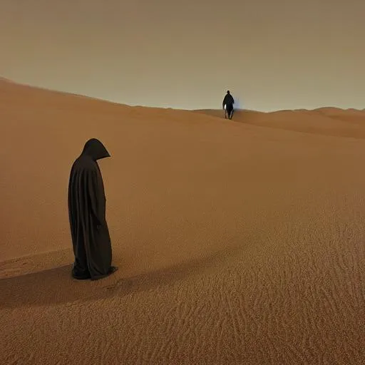 Prompt: One white cloaked man standing opposite one black cloaked man on a desert sand dune, there faces are in shadow, they're looking at each other, full body shot with some of the dune in it