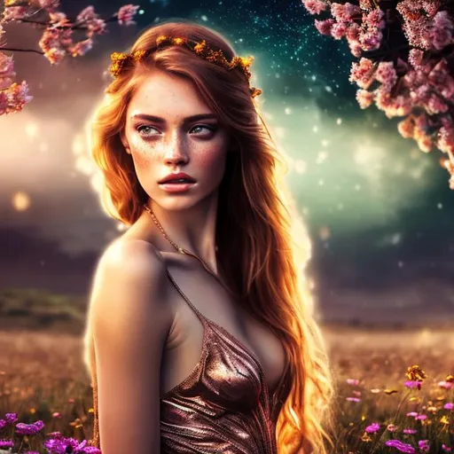 Prompt: HD 4k 3D 8k professional modeling photo hyper realistic beautiful woman ethereal greek goddess of the day
copper hair light brown eyes gorgeous face tan freckled skin pink and yellow shimmering dress full body jewelry flower crown surrounded by magical glowing daylight hd landscape background of enchanting mystical meadow 