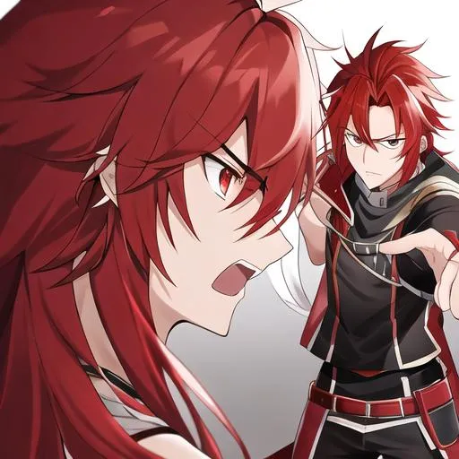 Prompt: Zerif 1male (Red side-swept hair covering his right eye) angry, telling at someone