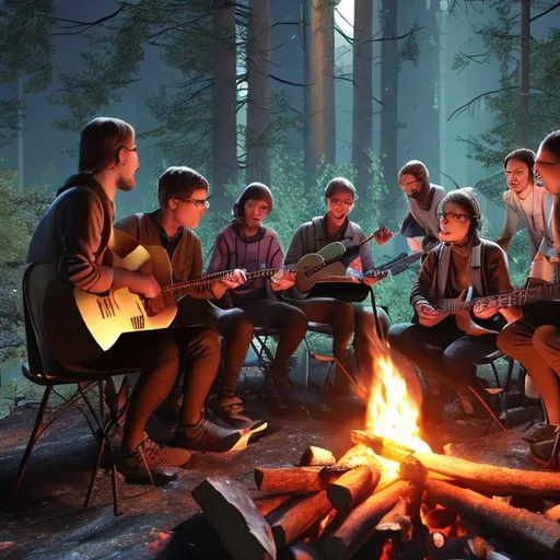 Prompt: 6 computer scientists around a camp fire, in night, singing, three man and one woman with guitar, style: photo-realistic