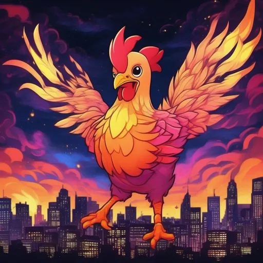 Prompt: Cyclone Blaze, a tornado of chibi kawaii fire chicken birbs upon a dark sky and a glowing city background, best quality, masterpiece. in psychedelic  style
