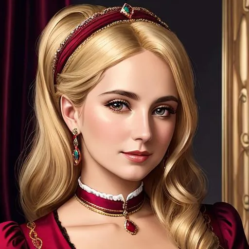 Prompt: Wealthy, stylish lady of the Victorian era, blonde hair, wearing ruby and gold jewelry, wearing ,facial closeup