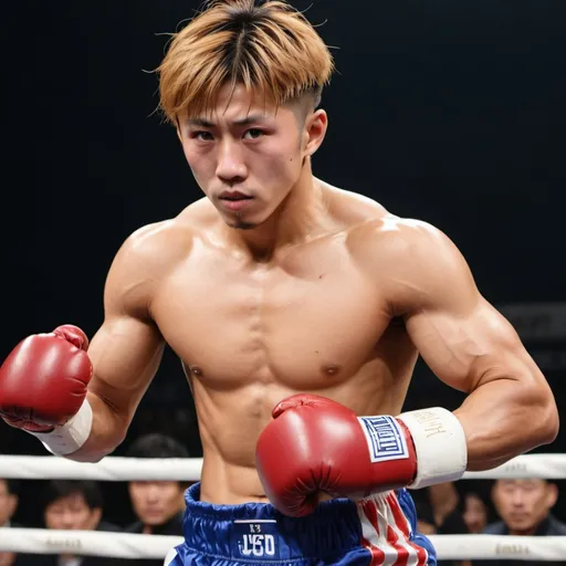 Prompt: Imagine a Japanese sportsmen resembling Naoya Inoue with golden and brownish hair, with an incredibly muscular physique. He's wearing American football gear in a boxing ring.