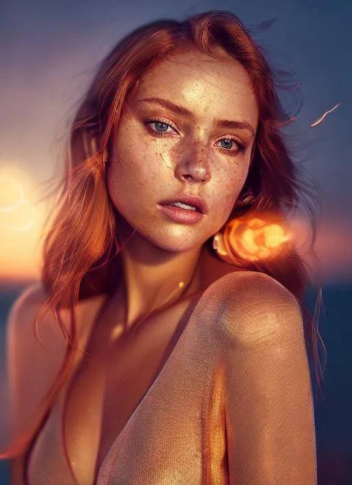 Prompt: Portrait of girl with copper hair and with pretty face, dark brown eyes, summer sunset vibe, perfect composition, hyperrealistic, super detailed, 8k, high quality, trending art, trending on artstation, sharp focus, studio photo, intricate details, highly detailed, sunkissed