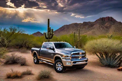 Prompt: long shot scenic professional photograph of a gray 2007 Dodge Ram truck. Sonoran desert, saguaro, PERFECT point of view, highly detailed, wide-angle lens, hyper realistic, with dramatic sky, polarizing filter, natural lighting, vivid colors, everything in sharp focus, HDR, UHD, 64K.