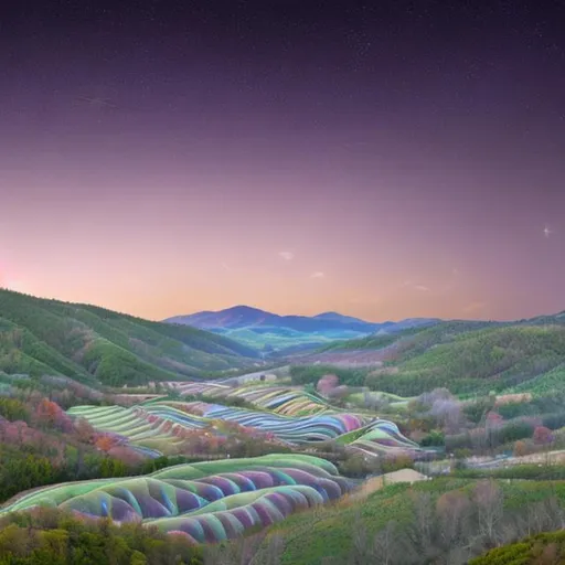 Prompt: Starlight over a meandering valley in pastel