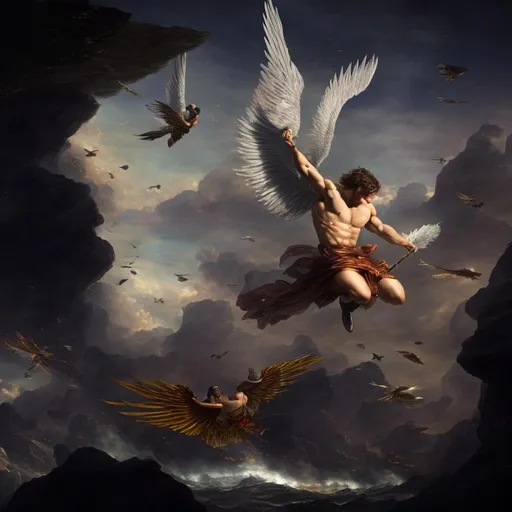 Prompt: fall of icarus,ripped wing