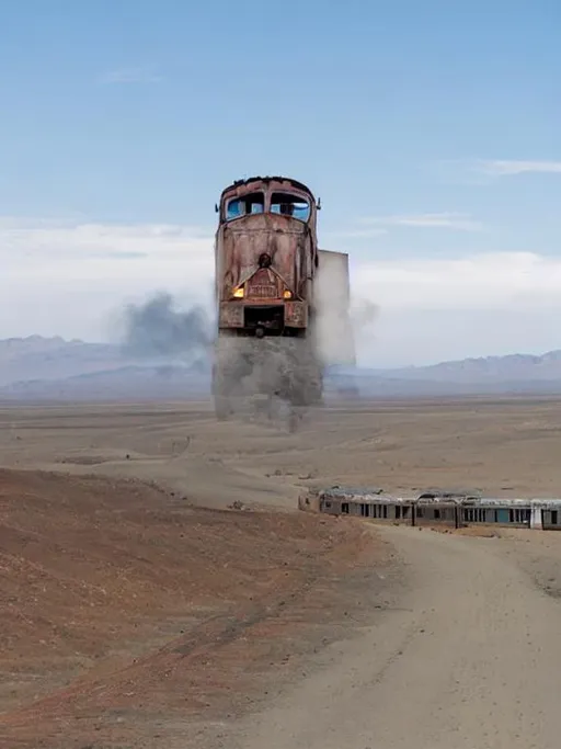 Prompt: Abandoned train in the desert flud 