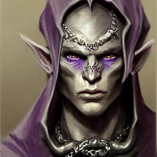 Prompt: a portrait of a dark drow elf male, violet eyes, wry smile, dark hood, white hair, young adult, charcoal color skin, silver chain around neck, curious, style by donato giancola, wayne reynolds, jeff easley dramatic light, high detail, cinematic lighting, artstation, dungeons and dragons