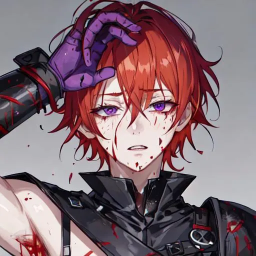 Prompt: Erikku male adult (short ginger hair, freckles, right eye blue left eye purple)  UHD, 8K, insane detail anime style, covered in blood, psychotic, covering his face with his hands, face covered in blood and cuts, blood highly detailed, crying out in pain, winking, left arm purple
