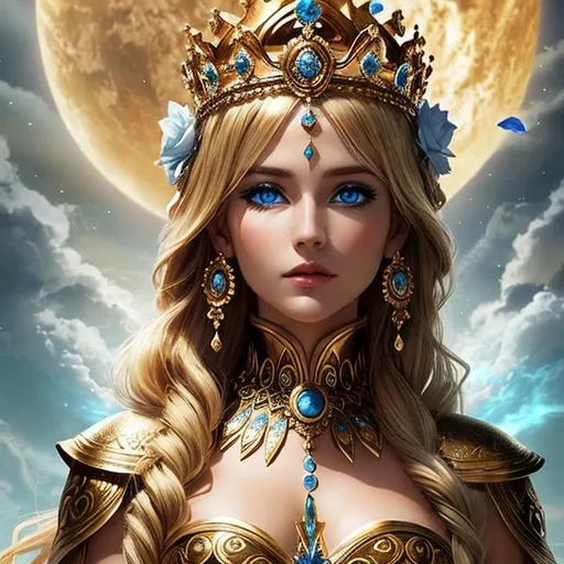 Prompt: Earth goddess, epic scene, crown, upper body, blue eyes, blonde hair
