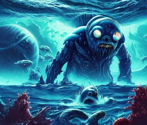 Prompt: A blue planet view full of water all around and mighty monstrous creatures are visible an astronaut in a boat in a giant sea thalasophobic view giant horrific creatures sea monsters surrounding him 