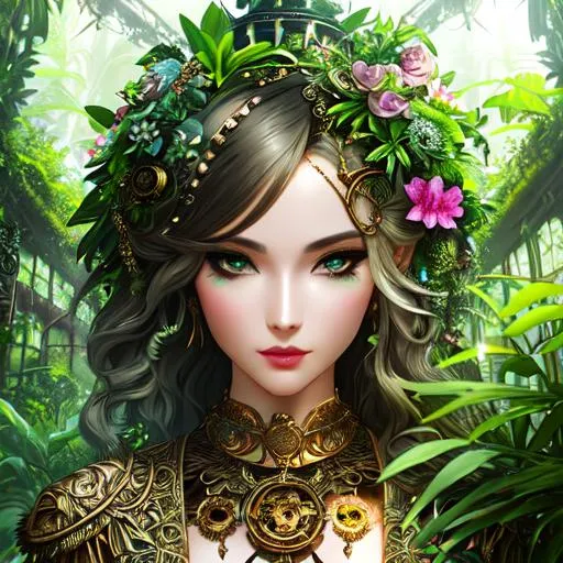 Prompt: Androgynous figure idol walking in a lush, overgrown jungle and ruin buildings, mystical, fantastical, dreamlike, intricate details, ecopunk, surreal, dreamy, 4k, futuristic details and bronze clockwork, realistic, painterly, whimsical, enchanting, charming, portrait, delicate details, portrait, close up, headshot