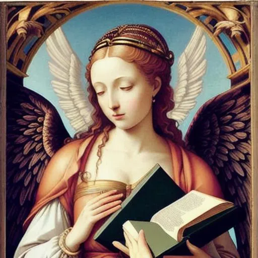 Prompt: a beautiful renaissance goddess with wings holding a book