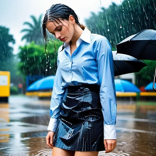 Prompt: photo of young woman, soaking wet clothes, black high heels, black pinstripe skirt, blue unbuttoned longsleeve shirt with high white collar and white cuffs,  , standing in the rain,   enjoying, water dripping from clothes, clothes stuck to body,  detailed textures of the wet fabric, wet face, wet plastered hair,  wet, drenched, professional, high-quality details, full body view , clothes are soaking