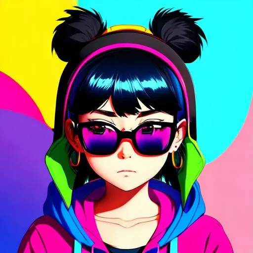 Pop girl, big earrings, profile, colorful hoodie, glasses - Prompt