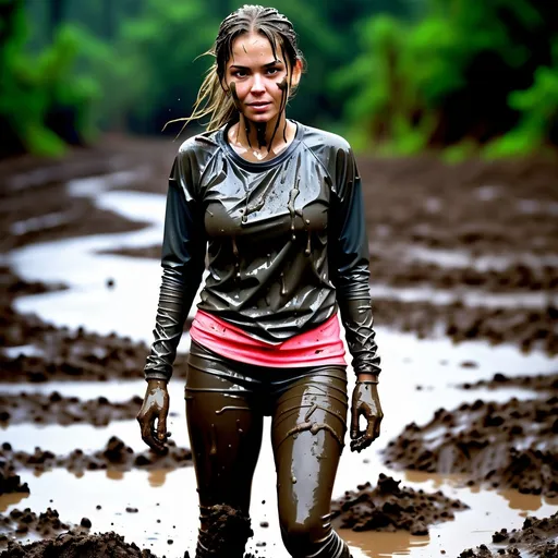 Prompt: drenched and soaked woman standing in  the deep mud pit, on the heavy rain, completely covered in mud, rain rinses mud from clothes, wet and mud clothes clinging, fully clothed in
sneakers, tight long leggings, tight long sleeved t-shirt, different poses, 
muddy hair, shining mud, detailed soaked wet and dirty fabric texture, high quality, muddy and dirty skin,mud dripping from clothes, dirty clothes stuck to body, showing body outline, under wear, realistic