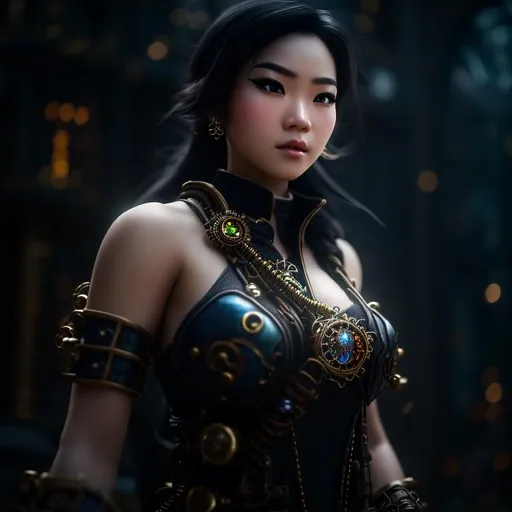 Prompt: Asian female steampunk character in an action pose on a stormy Clocktower, 8k resolution, intricate details, gears, trending on Artstation, with red glowing eye robots flying in a lightning storm., highlighting the intricate details and vibrant colors. The image evokes a sense of wonder and serenity, inviting viewers to explore and connect with the ethereal landscapes portrayed in the prompt.