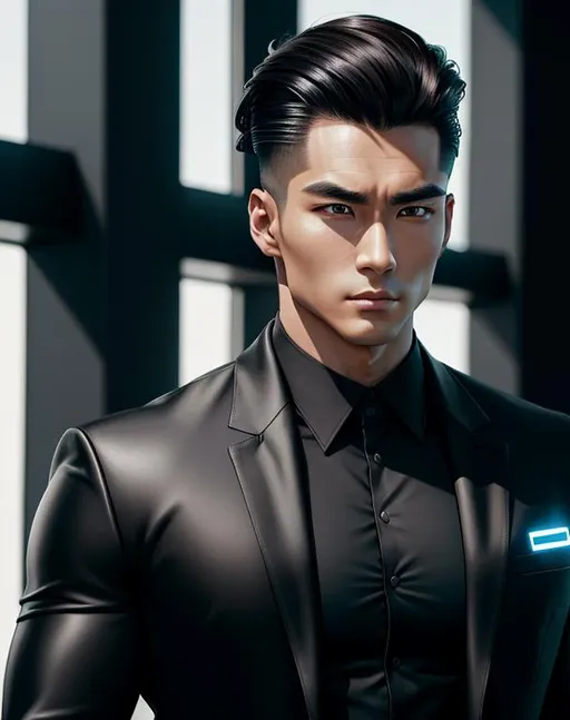 Prompt: perfect composition, {30 year old}, lean {average looking half Korean half British man}, wearing futuristic {black shirt, tech coat}, {coat of arms on shirt}, {brunette hair slicked back}, clean shaven, extra masculine, peak fitness, determined expression, looking at viewer, 8k eyes, detailed face, wlop, stanley artgerm lau, artstation, hd, octane render, hyperrealism intricate details, 8k, cinematic volumetric light, proportional, art trending on artstation, sharp focus, studio photo, intricate details, highly detailed, intricate artwork masterpiece, ominous, intricate, epic, trending on artstation, highly detailed, vibrant, production cinematic character render, ultra high quality model, 