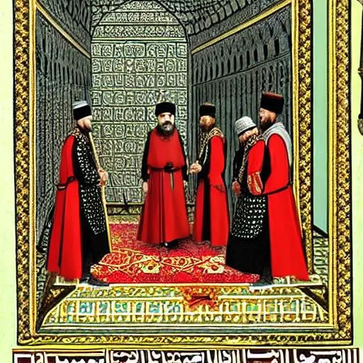 Prompt: Fatih Sultan Mehmet discussing with his lords about how they will conquerer Constantinople medieval style SFW 