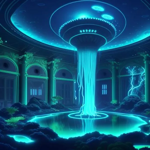 Prompt: Other worldly planet with bioluminescent life around there is a mansion and it is raining inside the mansion