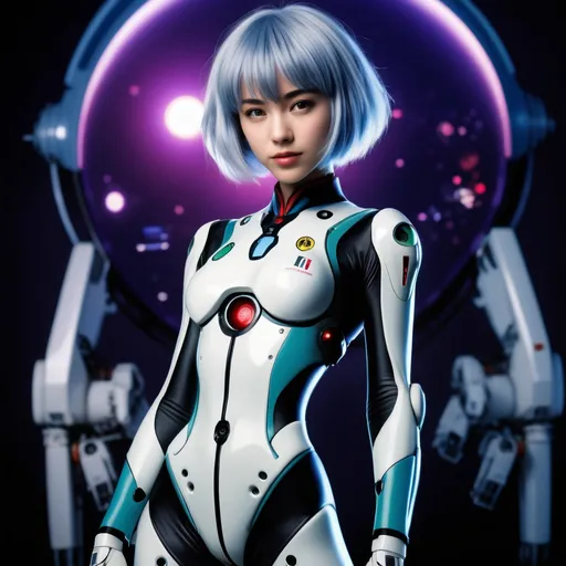 Prompt: High resolution Realistic photo image of an age:18 cute rei ayanami anime character from “neon genesis evangelion“, full body original Eve jump suit, highly detailed facial features and expression, dynamically posed with Eve robot facility in background