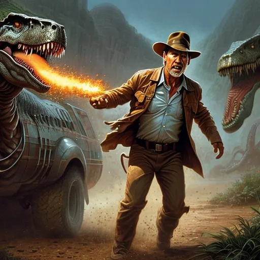 Prompt: ultra realistic illustration, Harrison Ford Indiana Jones being chased by a T-Rex, {{incredibly detailed face}}, intricate, highly accurate Harrison Ford face, elegant, highly detailed, digital painting, artstation, concept art, smooth, sharp focus, illustration, art by artgerm and greg rutkowski and drew struzan