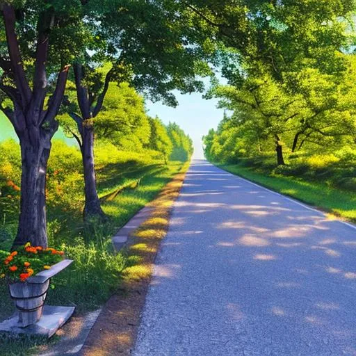 Prompt: Rising sun at the end of the road. Trees, shrubs, grass and flowers along the road. A bench and a table stand along the road.
