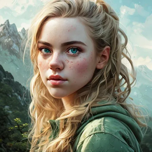 Prompt: Portrait of female with blonde hair and with cute face, green eyes, mountain top, perfect composition, hyper realistic, super detailed, 8k, high quality, trending art, trending on art station, sharp focus, studio photo, intricate details, highly detailed,