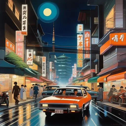 Prompt: 1970s, Tokyo at night, car chase, warm atmosphere, cartoony style, extremely detailed painting by Greg Rutkowski and by Henry Justice Ford and by Steve Henderson