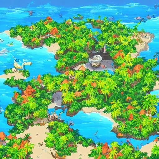 Prompt: In a bird’s eye view of a tropical island in a 2d art style, You are able to see the whole island.