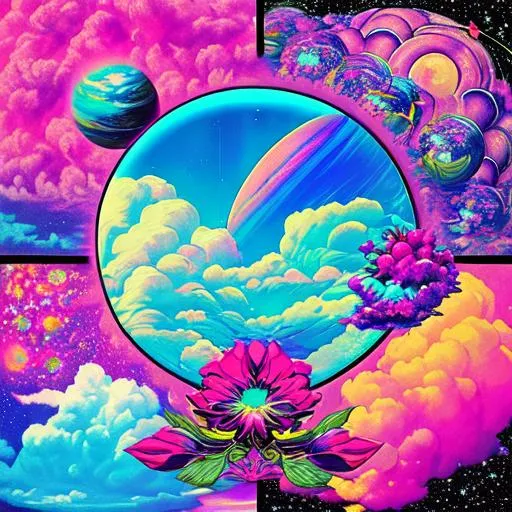 Prompt: Vaporwave, flowers, , planets, collage, Psychedelic Art, 80's colors, tecnology and clouds,

