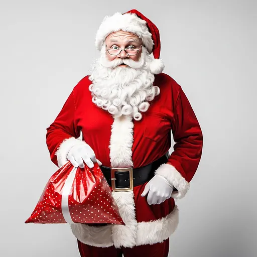 Prompt: a man dressed as santa claus holding a bag of gifts and a cane in his hand and looking at the camera, White background Ernest William Christmas, verdadism, promotional image, a stock photo