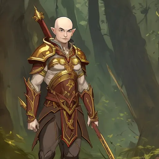 A bald, broad shouldered, half-elf in hide armor arm... | OpenArt