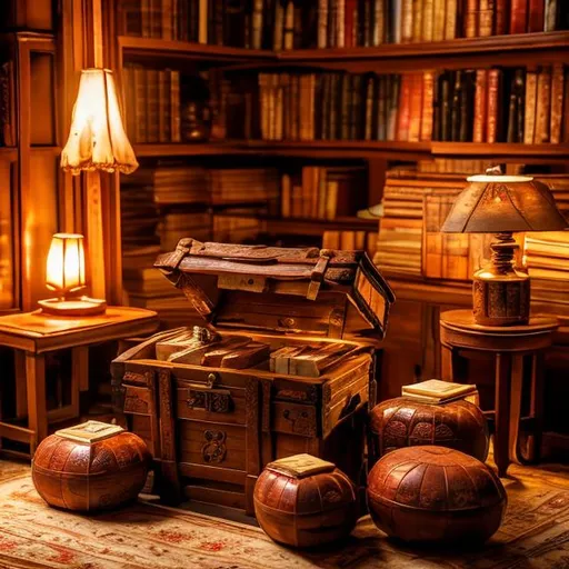 Prompt: A treasure chest is placed in a dim room, around the box ancient books are scattered on small stools.  Soft and pleasant light all around.