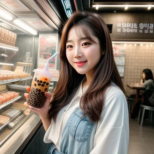 Prompt: Realistic photo, HD, Korean Instagram, cute woman, Seoul, boba tea, boba shop, beautiful, attractive, silly, fun 