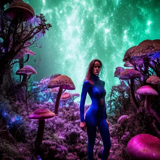 Prompt: One woman freediver in the blue deep, dark space, glowing, luminescent algae, Dark Cave, silver wetsuit, mushrooms, bid space, long hair swimming, 