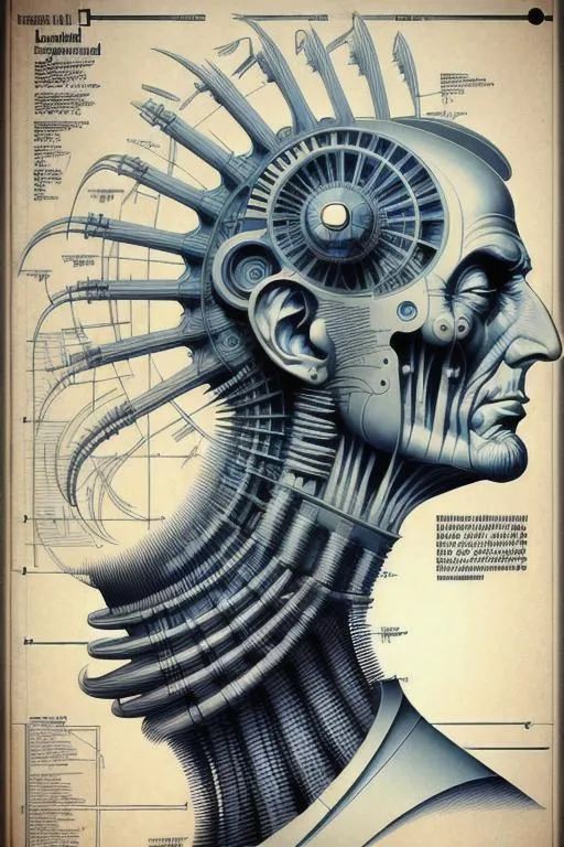 Prompt: technical drawing blueprint Futurism art style infographics exploded view of  biomechanical head of abraham lincoln by hr giger combined with Zdzislaw Beksinski and Ed Binkley, retro, infographics, marginalia, detailed exploded view, 1950's popular mechanics poster, retrofuturistic
