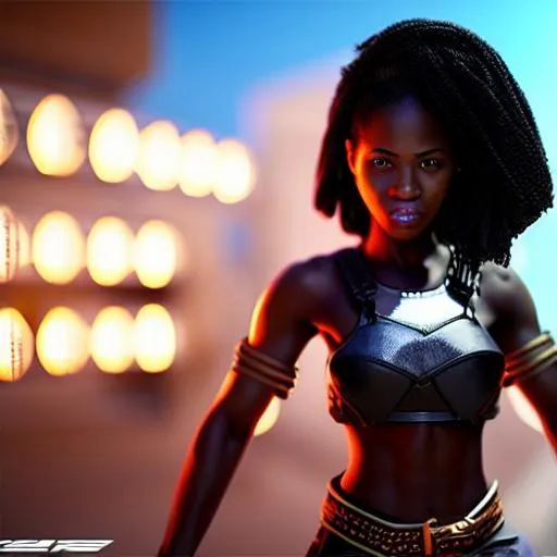 Prompt: beautifull black woman capoeira fighter, unreal engine, octane, hyper-realistic, cyberpunk lights, Hyper Detail