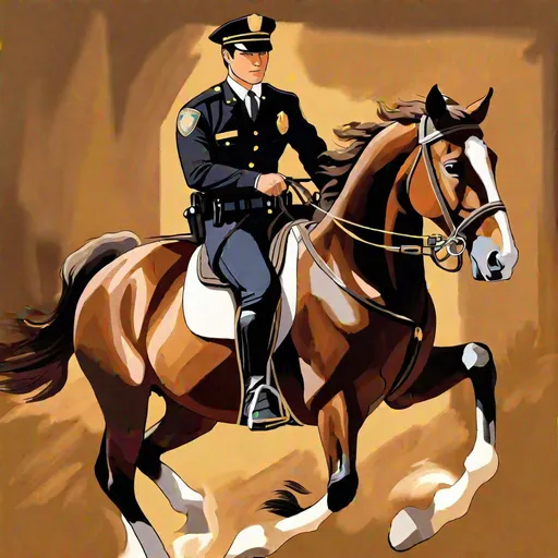 Prompt: Caleb  as a police officer (brown hair) (brown eyes) wearing a tuxedo, full body, riding a horse, pulling back on the reins, making the horse on its hind legs rearing  up, two large doors directly behind him, center, front-facing