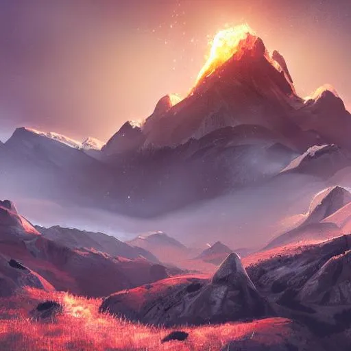 Prompt: mountain landscape, backlit by fire, meteors in the sky, 4 k, digital art, concept art, trending on artstation