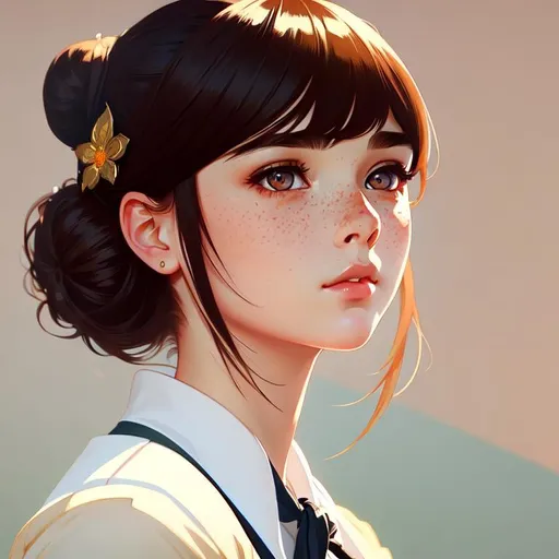 Prompt: Cute girl with freckles, high bun, school uniform, intricate, detailed face. by Ilya Kuvshinov and Alphonse Mucha