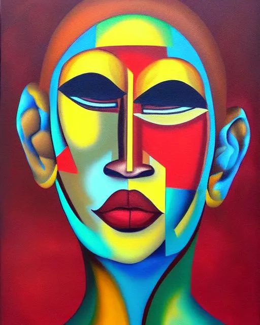 Prompt: Oil painting, geometric abstract face art. Afro centric, surreal 