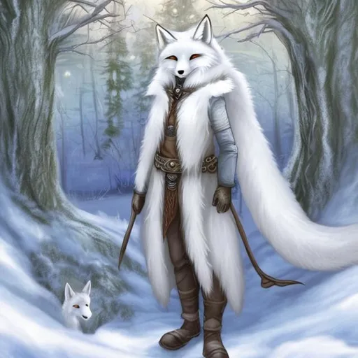 Prompt: Anthropomorphic adult male white fox druid
