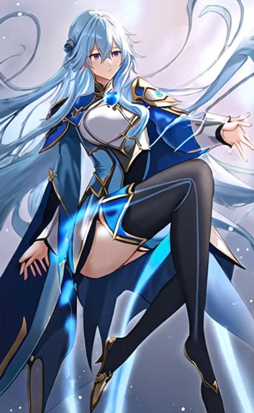 Prompt: light blue hair, long hair, blue rose, gold eyes, black tights, light blue blouse, blue plume, flowing cape, Genshin Impact, Eula Lawrence