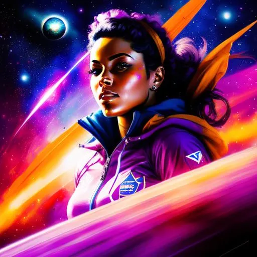 Prompt: The superheroine, named Stardust, flies through the universe