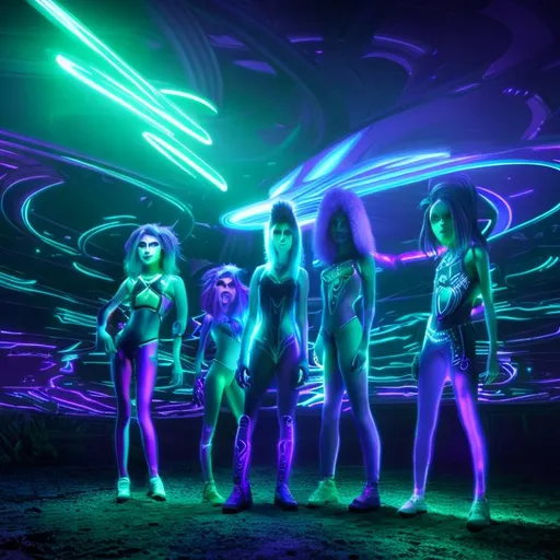 Prompt: Hypnotic illustration of a group of Aliens, standing characters, hypnotic, psychedelic art, pop surrealism, dark glow neon paint, mystical, Behance, 4k, 8k, UHD, professional, studio lighting, unreal engine