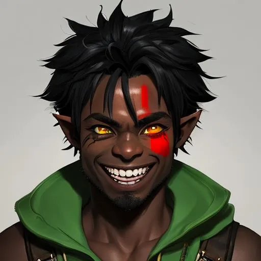 Prompt: a portrait of a cute middle aged male goblin, wild tangled black hair. green hue, dark skinned, one red eye, chaotic, scatterbrained, exaggerated grinning showing human teeth, wide face, slight and wiry, digital art, popular on Artstation