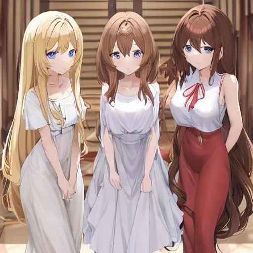 Prompt: 3 anime girls one with short brown hair, one with long brown hair, and one with long blonde hair