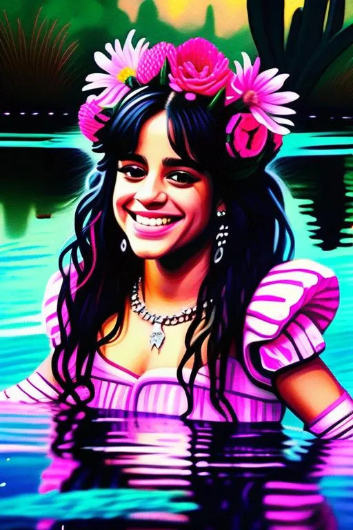 Prompt: a painting of Camila Cabello, smiling, wearing pink clothes, with an axolotl-styled tiara, in the Lake of Xochimilco, coming out of the water, very detailed